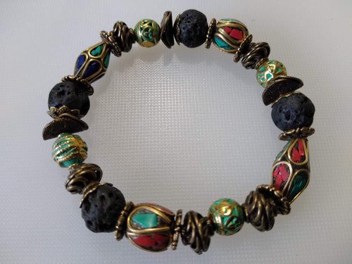 lava bracelet+turq .& coral brass beads