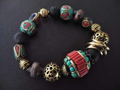 semi precious turq/coral brass beaded lava bracelet